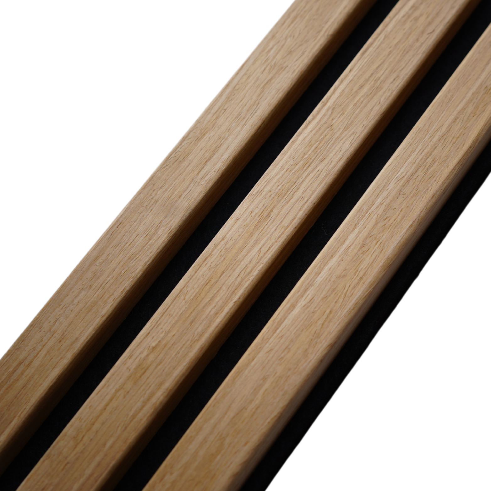 Natural light wood slats of White Oak home decor against a black background.